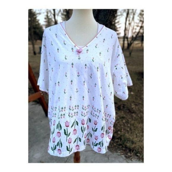 Vintage 90s Nite Angels 100% Cotton T-Shirt Pink Tulips Sleepwear Shirt Sz 3X - Picture 1 of 9